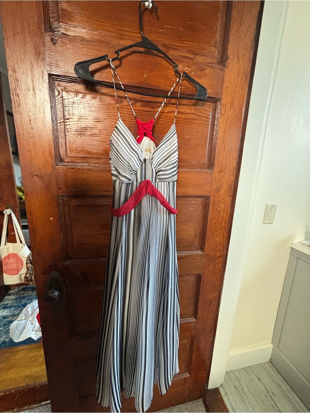 Rubber Ducky Productions, Inc. Black & White Striped Midi Dress with Red Accents